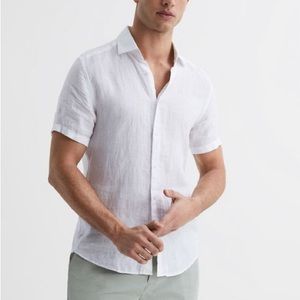 Reiss Linen White Slim Fit Short Sleeve Shirt Size L